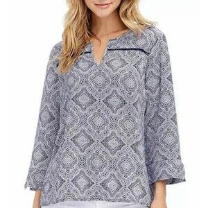 Fever Women's 3/4 Sleeve Textured Blouse Top Blue White Mosaic Large EUC